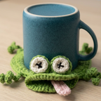 Green crocheted lizard with white eyes and pink tongue on a beige background