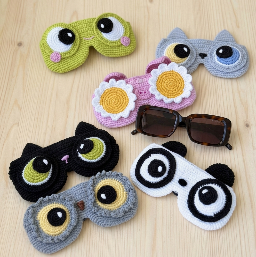 Set of colorful crocheted eye masks on a wooden surface