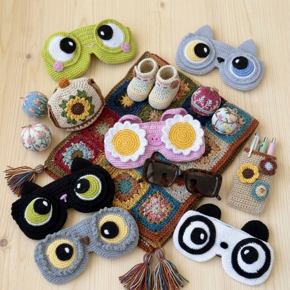 Collection of crochet items including eye masks, bags, and pouches on a wooden surface.