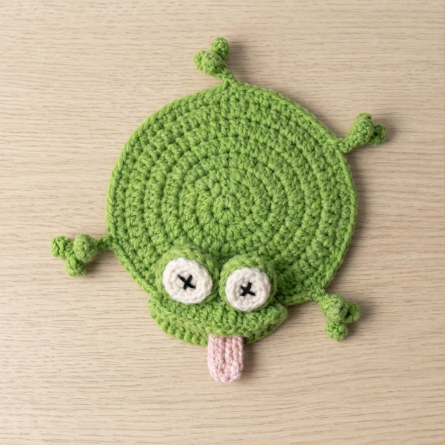 Green crocheted turtle toy on a beige background