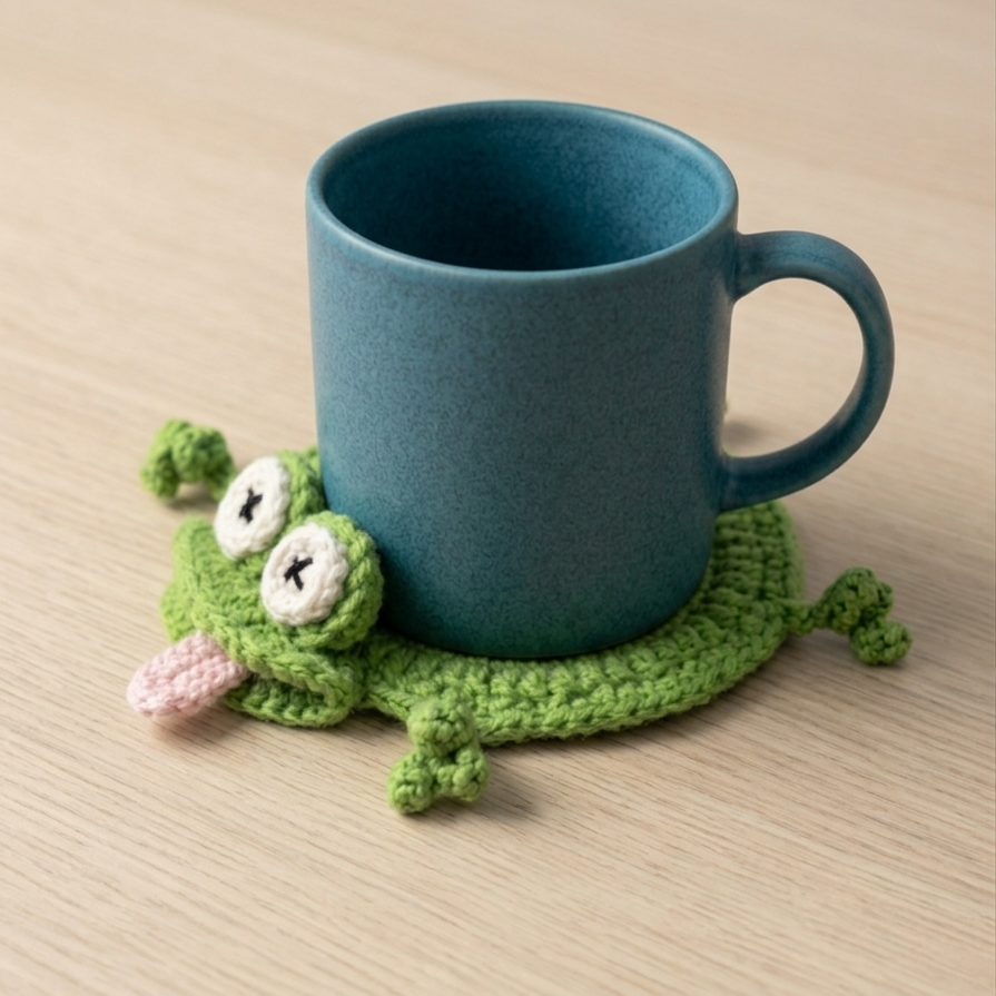 Blue mug on a green crocheted frog coaster on a wooden surface