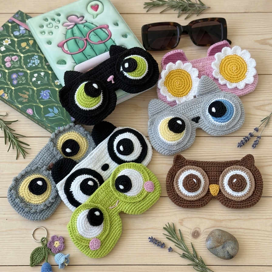 Collection of colorful owl-themed crochet eye patches on a wooden surface.