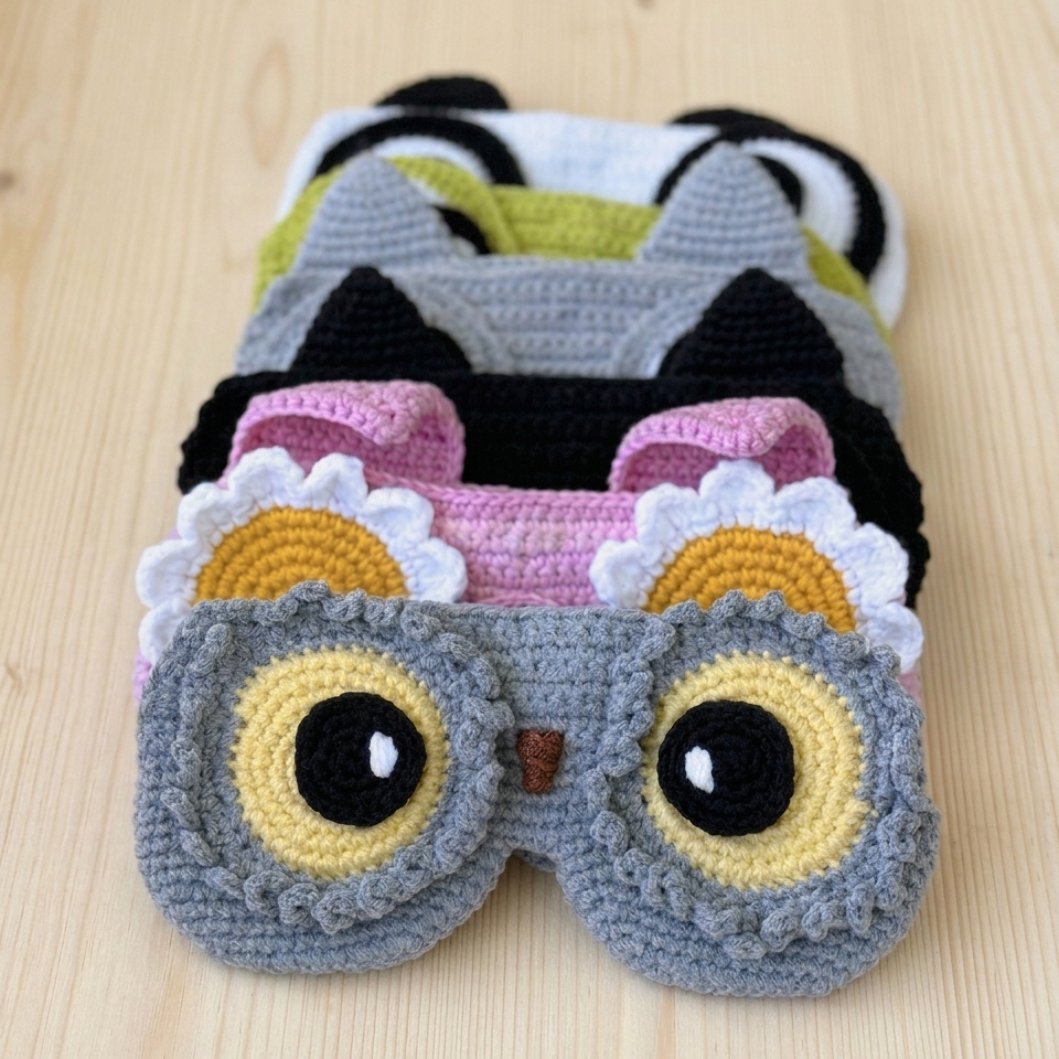 Crocheted owl-themed eye mask with colorful bow on a wooden surface